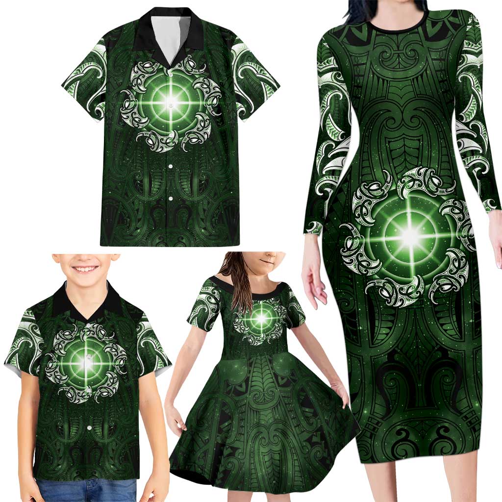 New Zealand Matariki Tupuarangi Family Matching Long Sleeve Bodycon Dress and Hawaiian Shirt Maori Moko Green Galaxy LT05 - Polynesian Pride