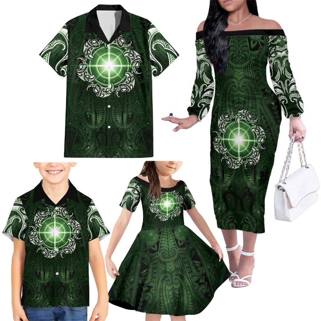 New Zealand Matariki Tupuarangi Family Matching Off The Shoulder Long Sleeve Dress and Hawaiian Shirt Maori Moko Green Galaxy LT05 - Polynesian Pride