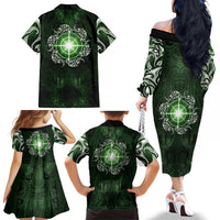 New Zealand Matariki Tupuarangi Family Matching Off The Shoulder Long Sleeve Dress and Hawaiian Shirt Maori Moko Green Galaxy