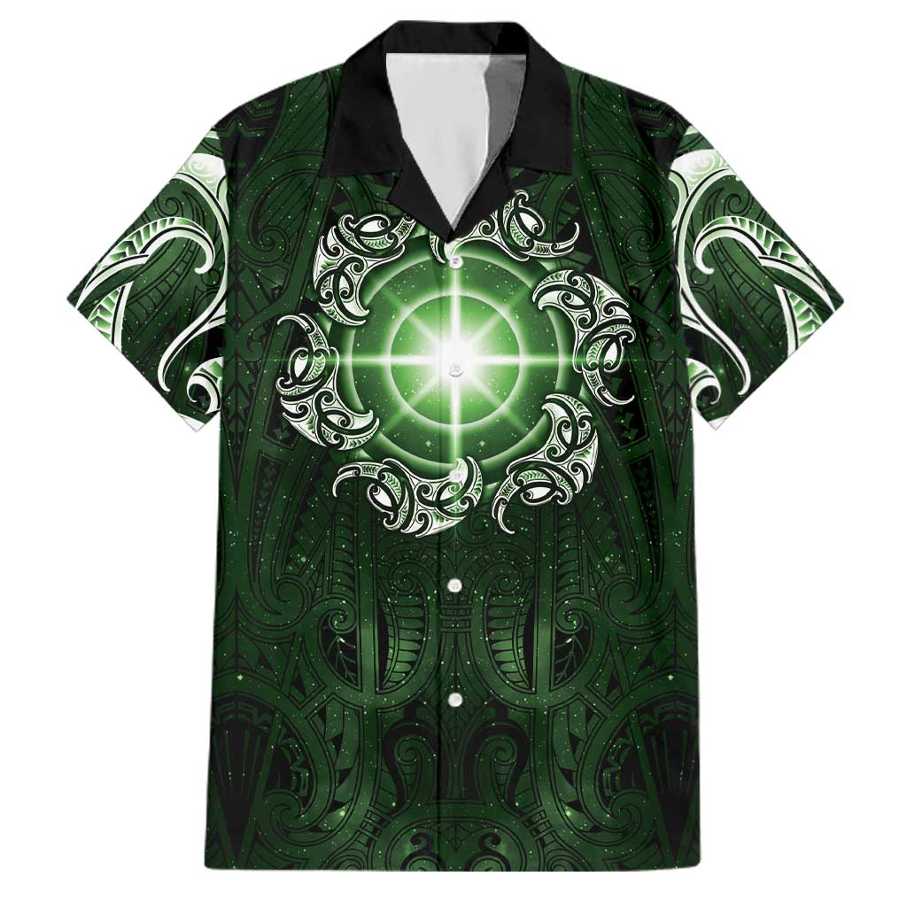 New Zealand Matariki Tupuarangi Family Matching Off The Shoulder Long Sleeve Dress and Hawaiian Shirt Maori Moko Green Galaxy