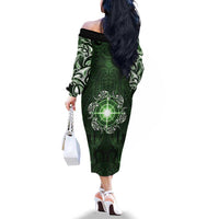 New Zealand Matariki Tupuarangi Family Matching Off The Shoulder Long Sleeve Dress and Hawaiian Shirt Maori Moko Green Galaxy