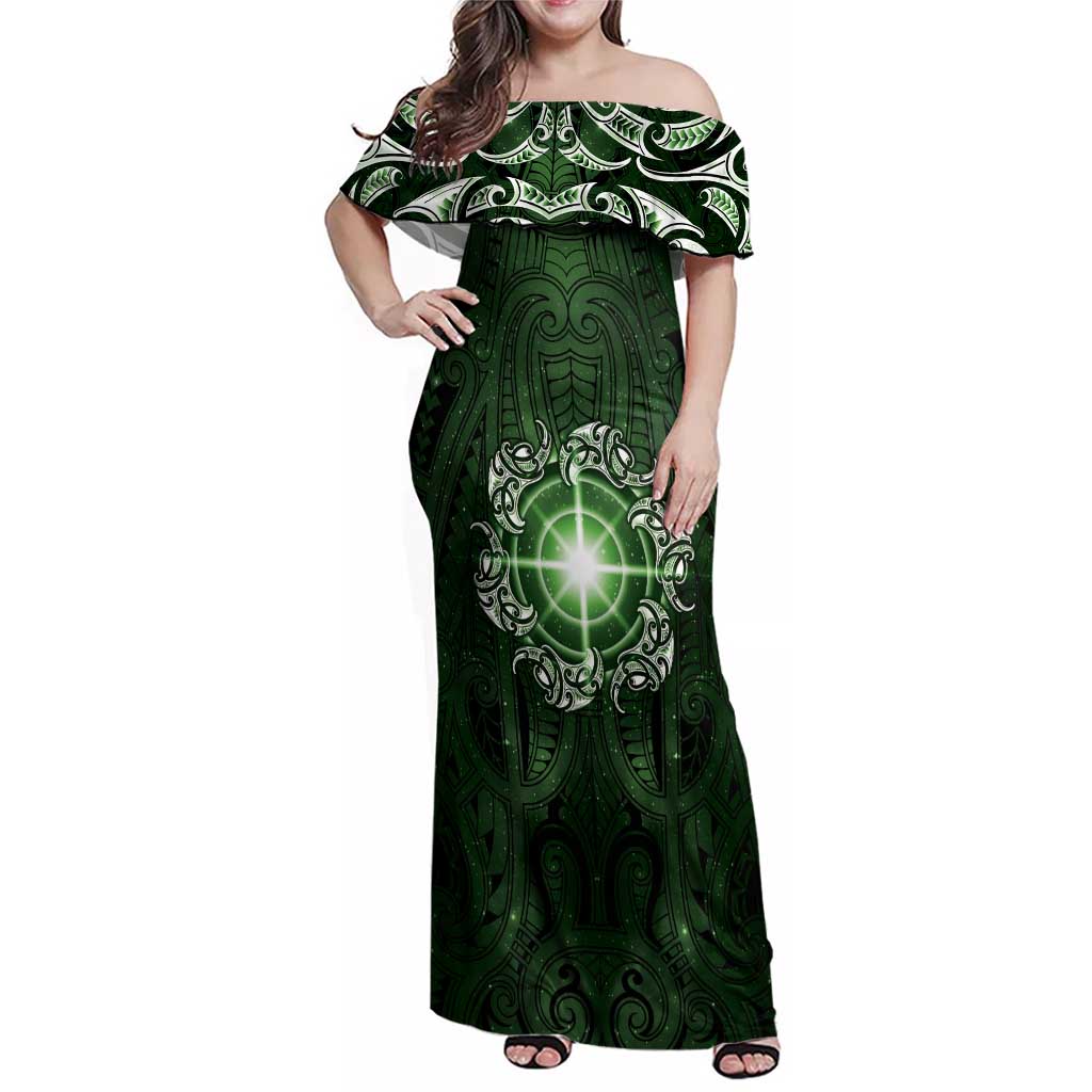 New Zealand Matariki Tupuarangi Family Matching Off Shoulder Maxi Dress and Hawaiian Shirt Maori Moko Green Galaxy