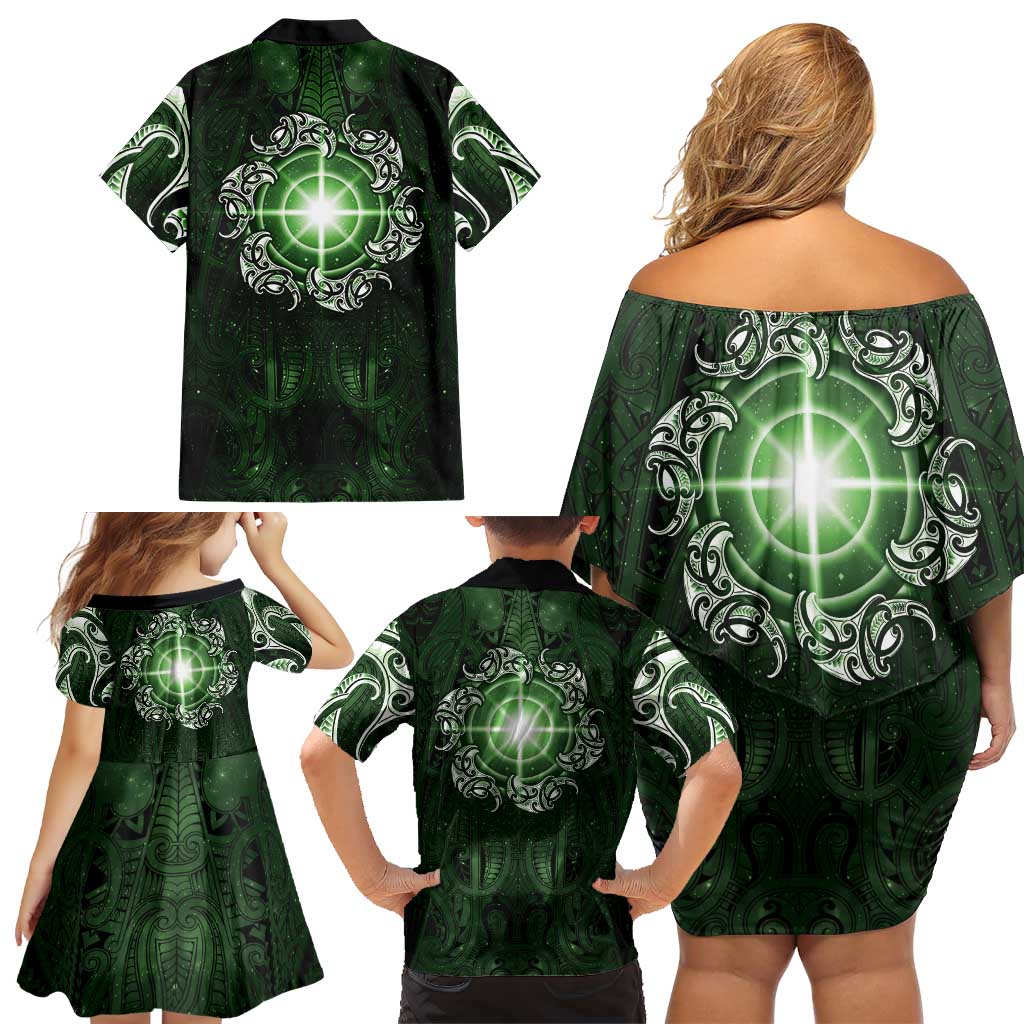 New Zealand Matariki Tupuarangi Family Matching Off Shoulder Short Dress and Hawaiian Shirt Maori Moko Green Galaxy