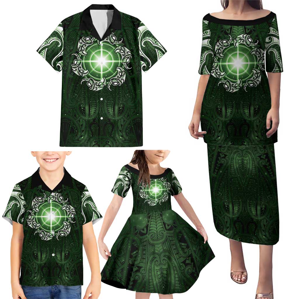 New Zealand Matariki Tupuarangi Family Matching Puletasi and Hawaiian Shirt Maori Moko Green Galaxy
