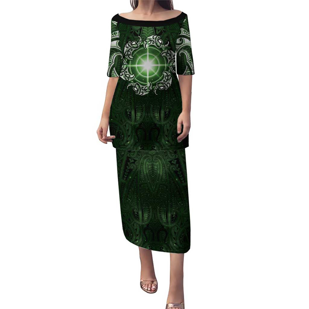 New Zealand Matariki Tupuarangi Family Matching Puletasi and Hawaiian Shirt Maori Moko Green Galaxy