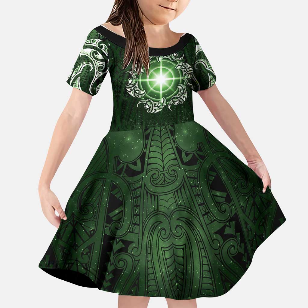 New Zealand Matariki Tupuarangi Family Matching Short Sleeve Bodycon Dress and Hawaiian Shirt Maori Moko Green Galaxy