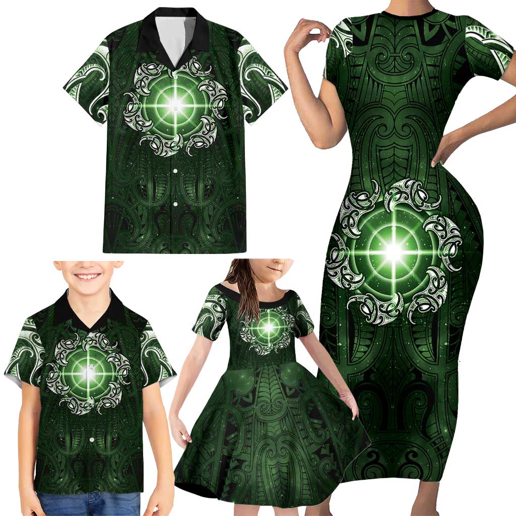 New Zealand Matariki Tupuarangi Family Matching Short Sleeve Bodycon Dress and Hawaiian Shirt Maori Moko Green Galaxy