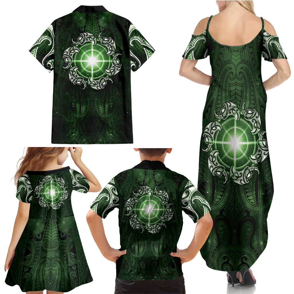 New Zealand Matariki Tupuarangi Family Matching Summer Maxi Dress and Hawaiian Shirt Maori Moko Green Galaxy