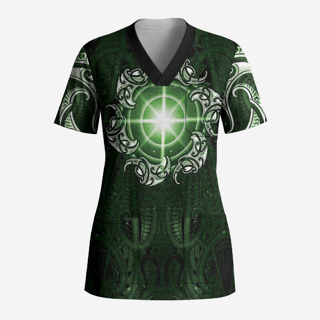 New Zealand Matariki Tupuarangi Scrub Top Maori Moko Green Galaxy LT05 Adult Green - Polynesian Pride
