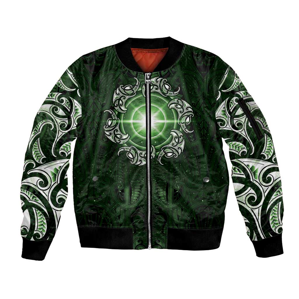 New Zealand Matariki Tupuarangi Sleeve Zip Bomber Jacket Maori Moko Green Galaxy LT05 Unisex Green - Polynesian Pride
