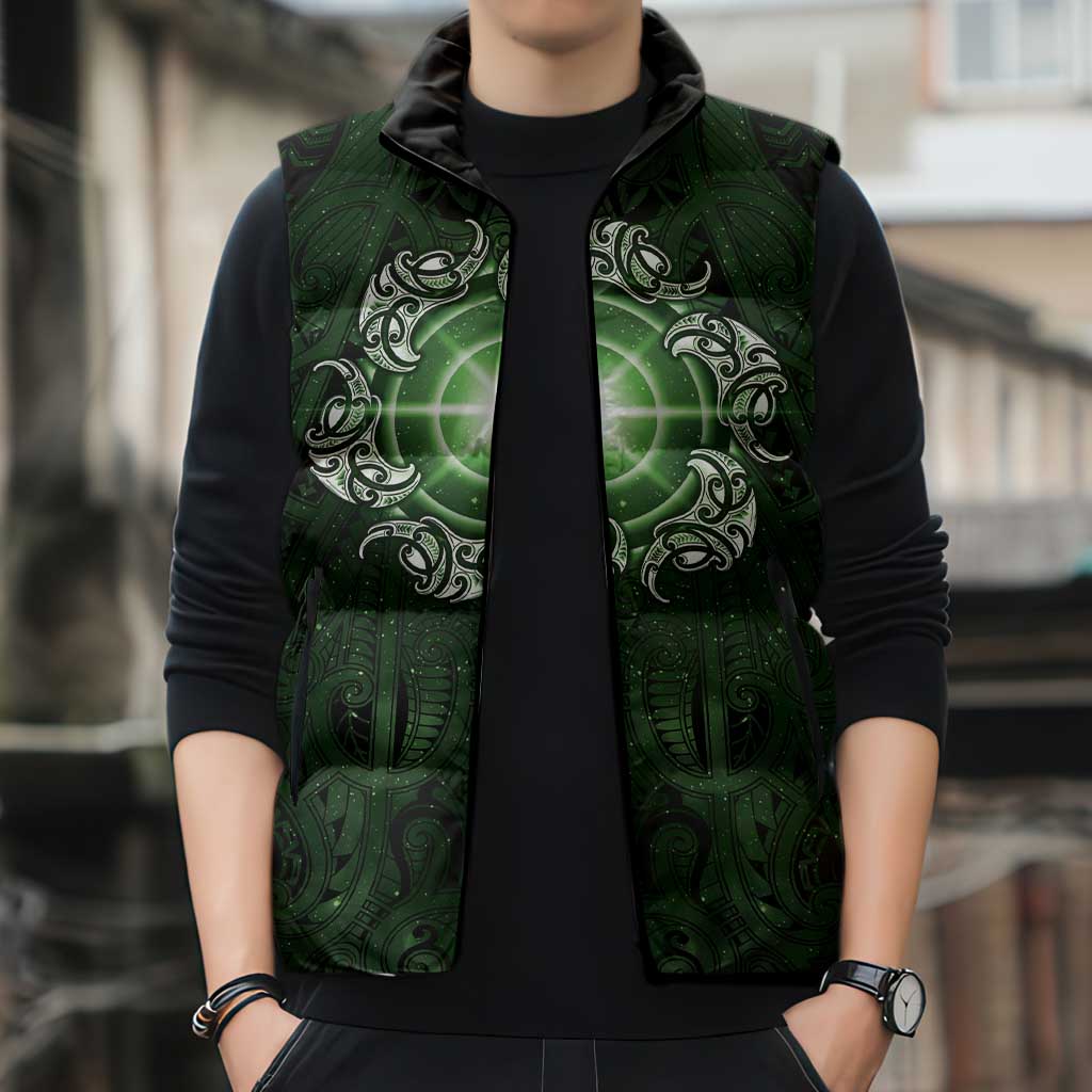 New Zealand Matariki Tupuarangi Sleeveless Puffer Jacket Maori Moko Green Galaxy LT05 - Polynesian Pride