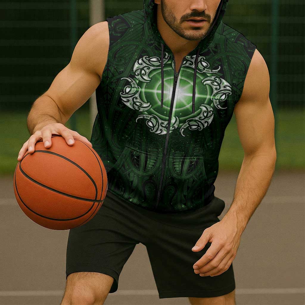 New Zealand Matariki Tupuarangi Sleeveless Zip Hoodie Maori Moko Green Galaxy