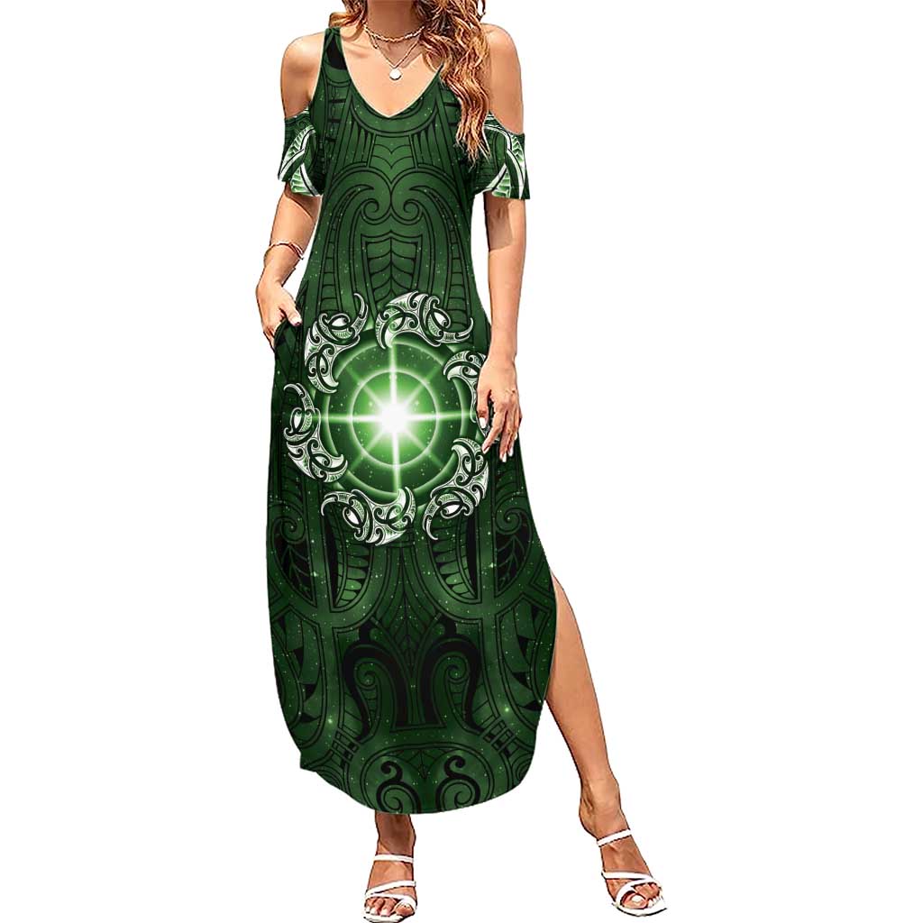 New Zealand Matariki Tupuarangi Summer Maxi Dress Maori Moko Green Galaxy LT05 Women Green - Polynesian Pride