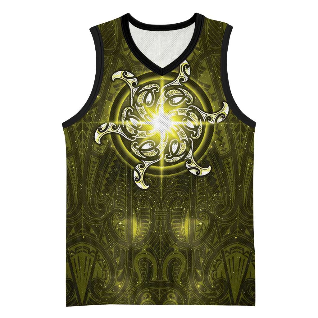 New Zealand Matariki Hiwaiterangi Basketball Jersey Maori Moko Yellow Galaxy