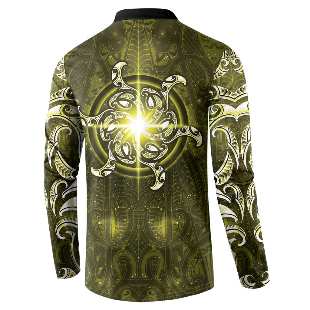 New Zealand Matariki Hiwaiterangi Button Sweatshirt Maori Moko Yellow Galaxy