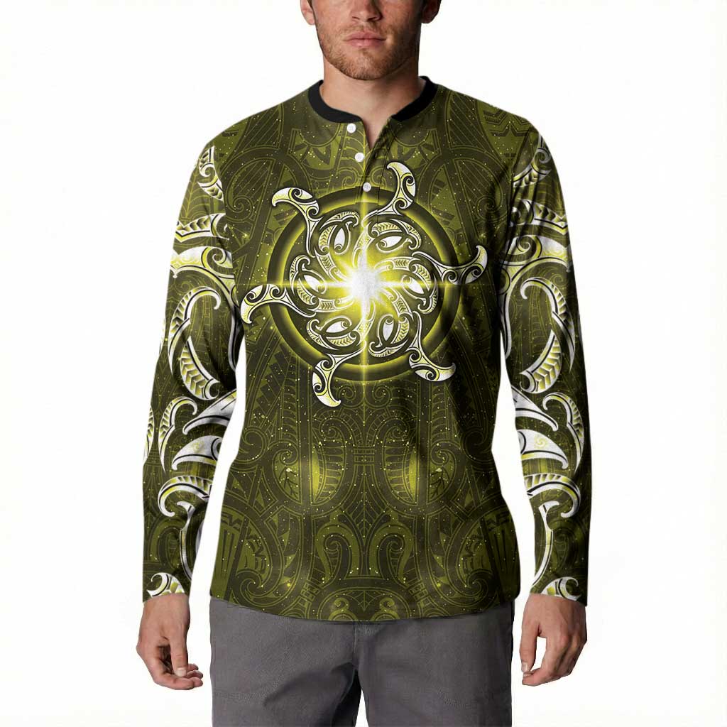 New Zealand Matariki Hiwaiterangi Button Sweatshirt Maori Moko Yellow Galaxy