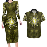 New Zealand Matariki Hiwaiterangi Couples Matching Long Sleeve Bodycon Dress and Hawaiian Shirt Maori Moko Yellow Galaxy