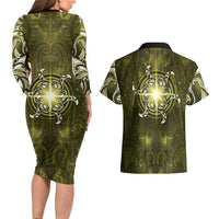 New Zealand Matariki Hiwaiterangi Couples Matching Long Sleeve Bodycon Dress and Hawaiian Shirt Maori Moko Yellow Galaxy