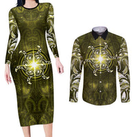 New Zealand Matariki Hiwaiterangi Couples Matching Long Sleeve Bodycon Dress and Long Sleeve Button Shirt Maori Moko Yellow Galaxy
