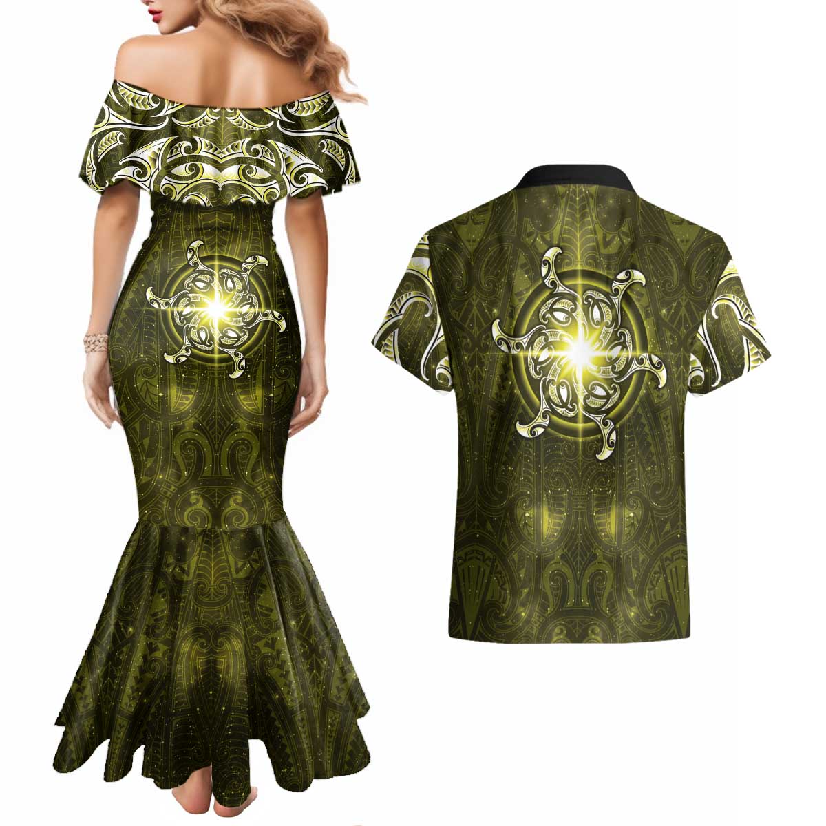 New Zealand Matariki Hiwaiterangi Couples Matching Mermaid Dress and Hawaiian Shirt Maori Moko Yellow Galaxy