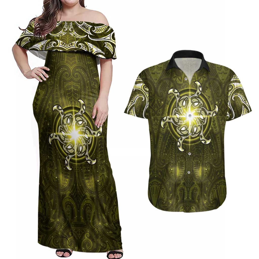 New Zealand Matariki Hiwaiterangi Couples Matching Off Shoulder Maxi Dress and Hawaiian Shirt Maori Moko Yellow Galaxy