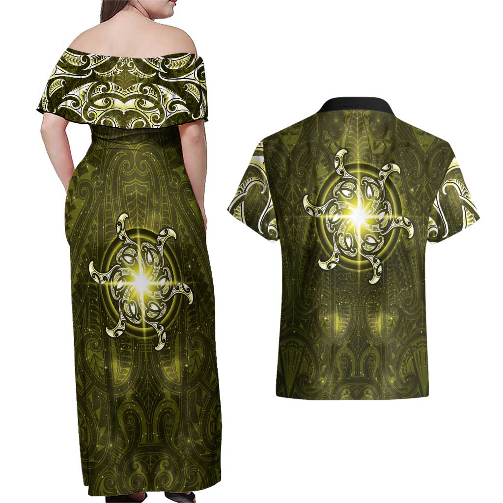 New Zealand Matariki Hiwaiterangi Couples Matching Off Shoulder Maxi Dress and Hawaiian Shirt Maori Moko Yellow Galaxy