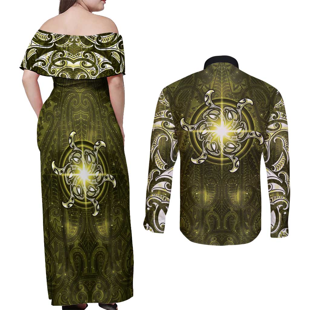 New Zealand Matariki Hiwaiterangi Couples Matching Off Shoulder Maxi Dress and Long Sleeve Button Shirt Maori Moko Yellow Galaxy