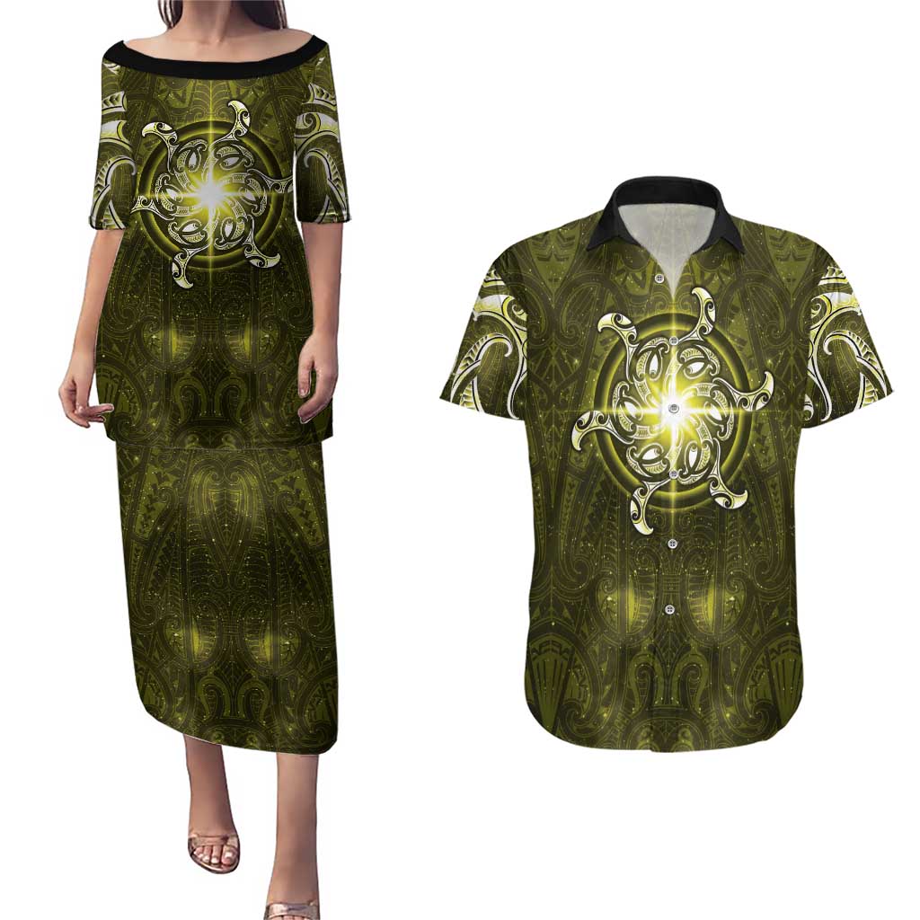New Zealand Matariki Hiwaiterangi Couples Matching Puletasi and Hawaiian Shirt Maori Moko Yellow Galaxy