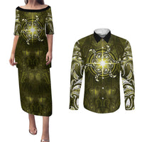New Zealand Matariki Hiwaiterangi Couples Matching Puletasi and Long Sleeve Button Shirt Maori Moko Yellow Galaxy