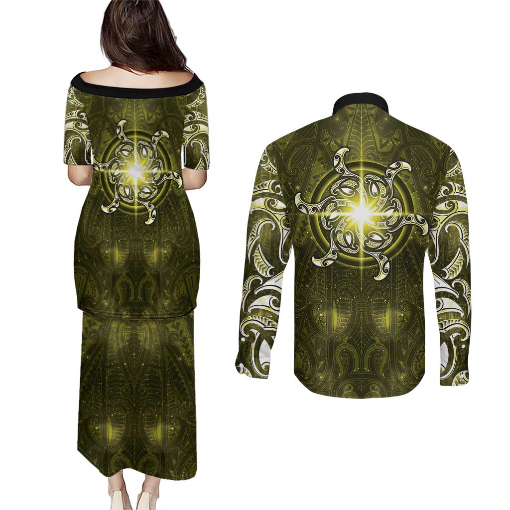 New Zealand Matariki Hiwaiterangi Couples Matching Puletasi and Long Sleeve Button Shirt Maori Moko Yellow Galaxy