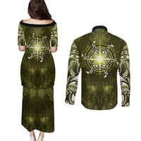 New Zealand Matariki Hiwaiterangi Couples Matching Puletasi and Long Sleeve Button Shirt Maori Moko Yellow Galaxy