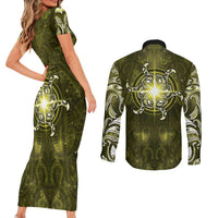 New Zealand Matariki Hiwaiterangi Couples Matching Short Sleeve Bodycon Dress and Long Sleeve Button Shirt Maori Moko Yellow Galaxy