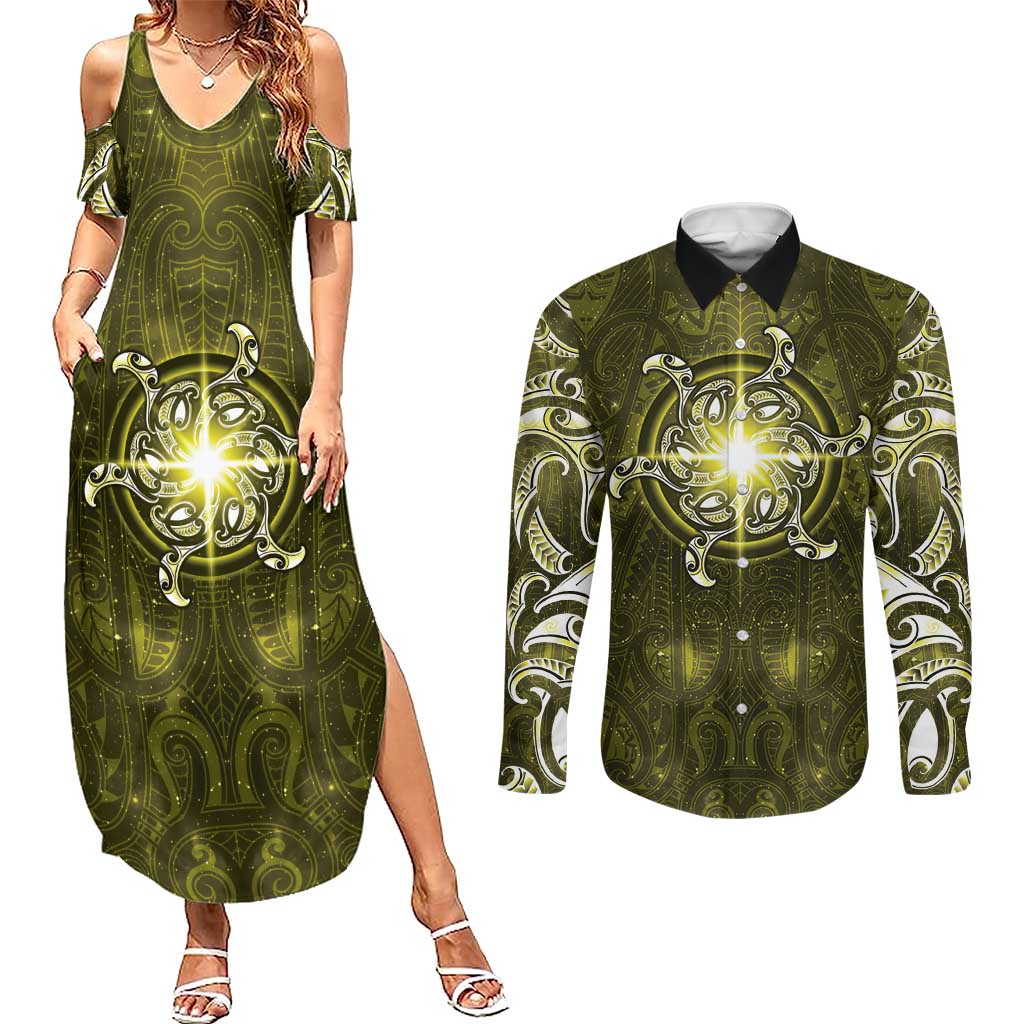 New Zealand Matariki Hiwaiterangi Couples Matching Summer Maxi Dress and Long Sleeve Button Shirt Maori Moko Yellow Galaxy LT05 Yellow - Polynesian Pride