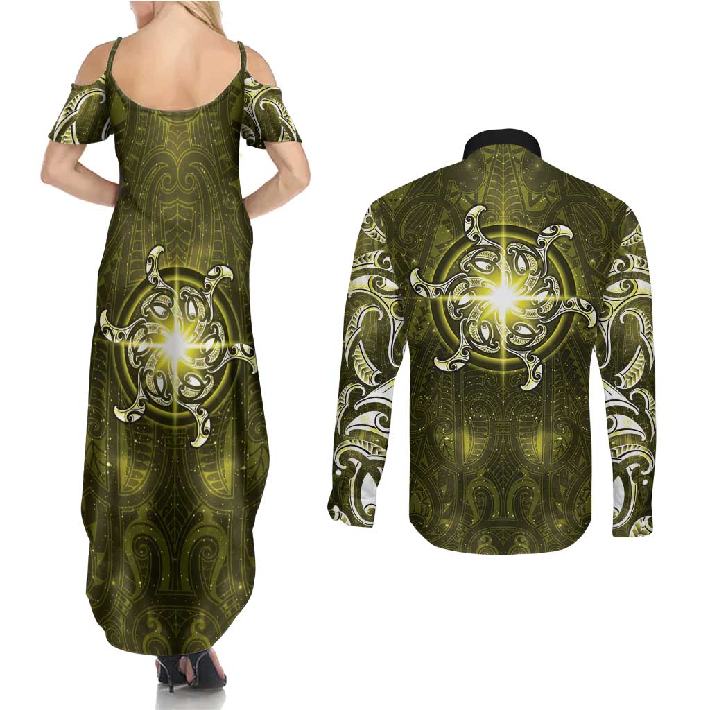 New Zealand Matariki Hiwaiterangi Couples Matching Summer Maxi Dress and Long Sleeve Button Shirt Maori Moko Yellow Galaxy