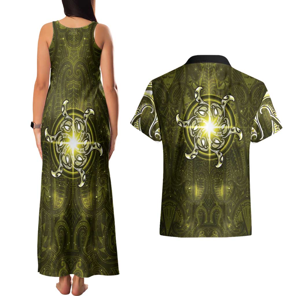 New Zealand Matariki Hiwaiterangi Couples Matching Tank Maxi Dress and Hawaiian Shirt Maori Moko Yellow Galaxy
