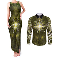 New Zealand Matariki Hiwaiterangi Couples Matching Tank Maxi Dress and Long Sleeve Button Shirt Maori Moko Yellow Galaxy