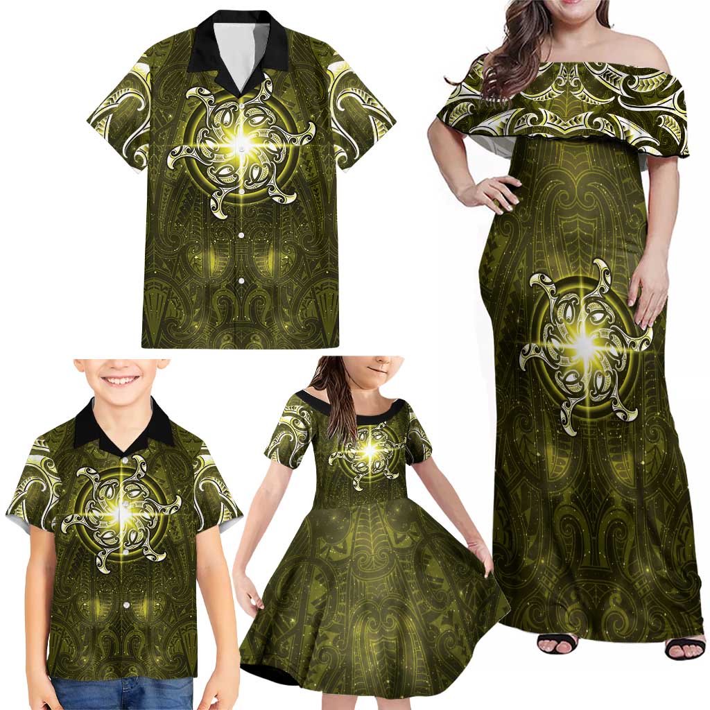 New Zealand Matariki Hiwaiterangi Family Matching Off Shoulder Maxi Dress and Hawaiian Shirt Maori Moko Yellow Galaxy LT05 - Polynesian Pride