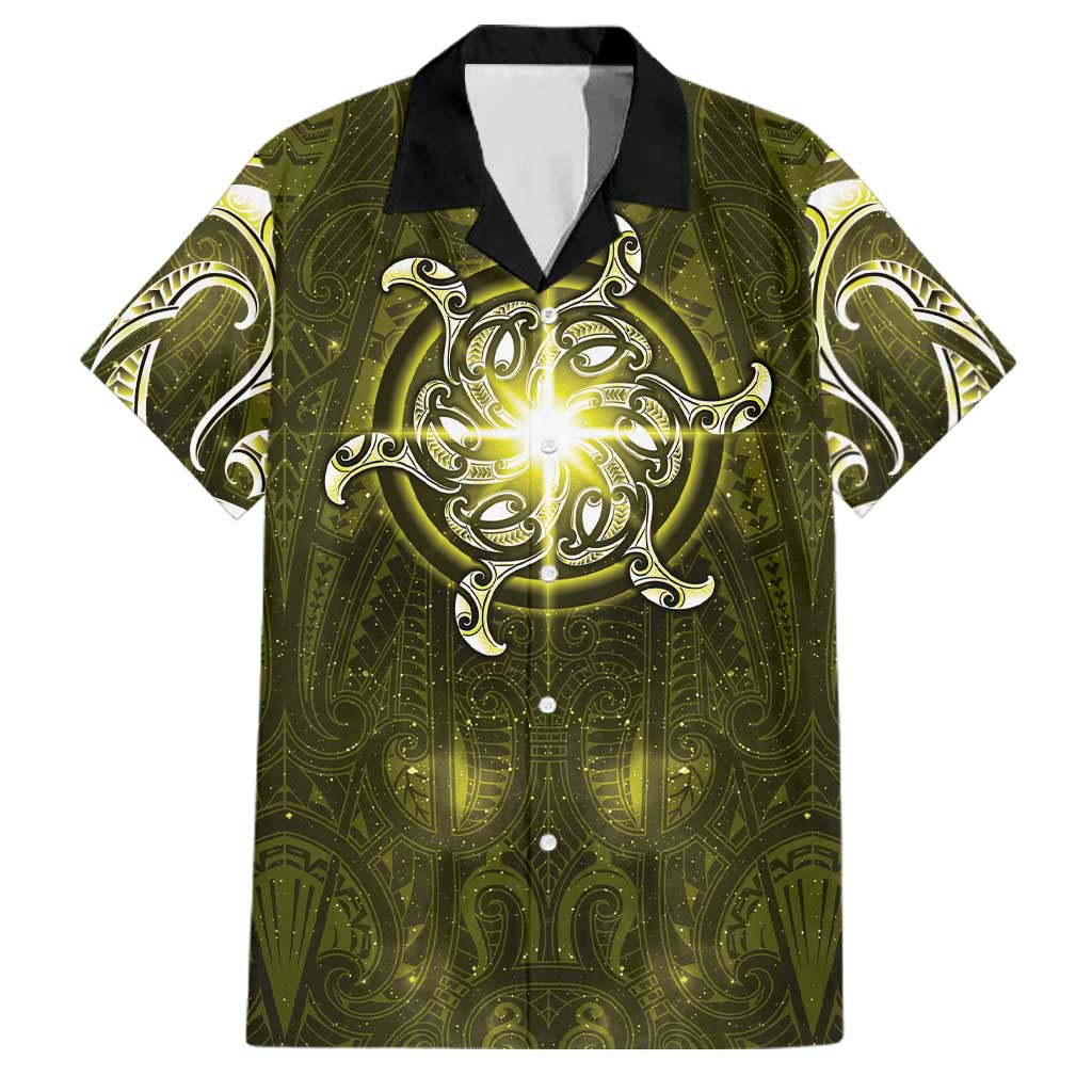 New Zealand Matariki Hiwaiterangi Family Matching Puletasi and Hawaiian Shirt Maori Moko Yellow Galaxy