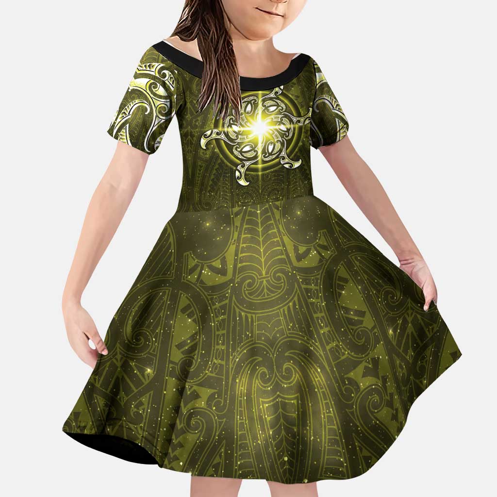 New Zealand Matariki Hiwaiterangi Family Matching Tank Maxi Dress and Hawaiian Shirt Maori Moko Yellow Galaxy