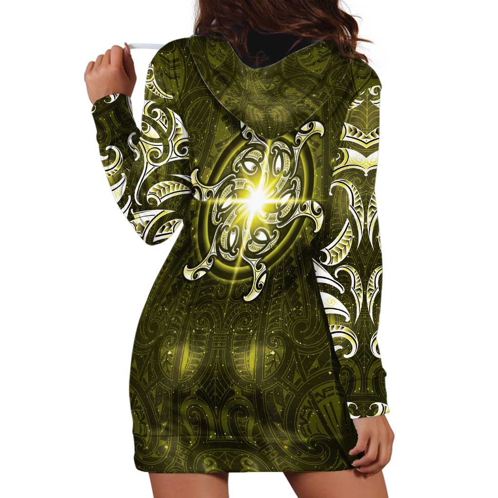 New Zealand Matariki Hiwaiterangi Hoodie Dress Maori Moko Yellow Galaxy