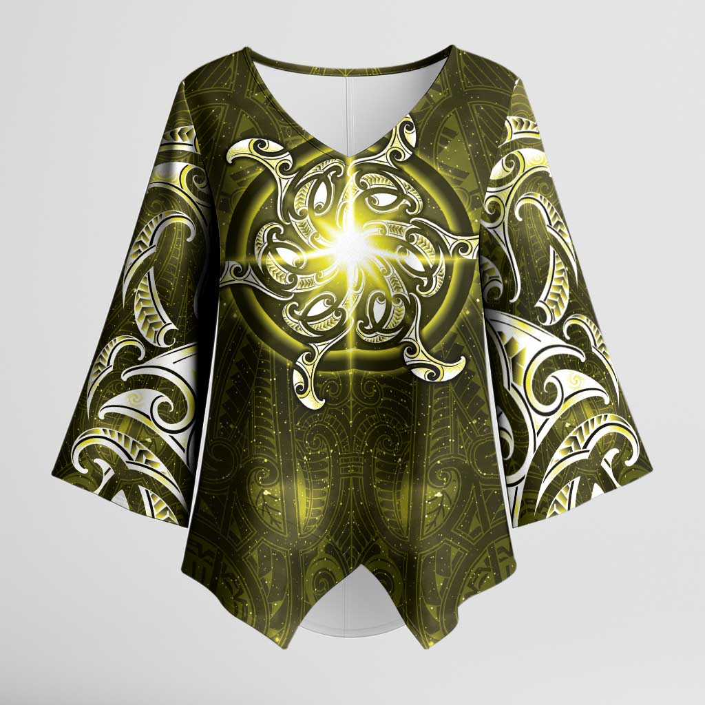 New Zealand Matariki Hiwaiterangi Kimono Sleeve Blouse Maori Moko Yellow Galaxy LT05 Female Yellow - Polynesian Pride