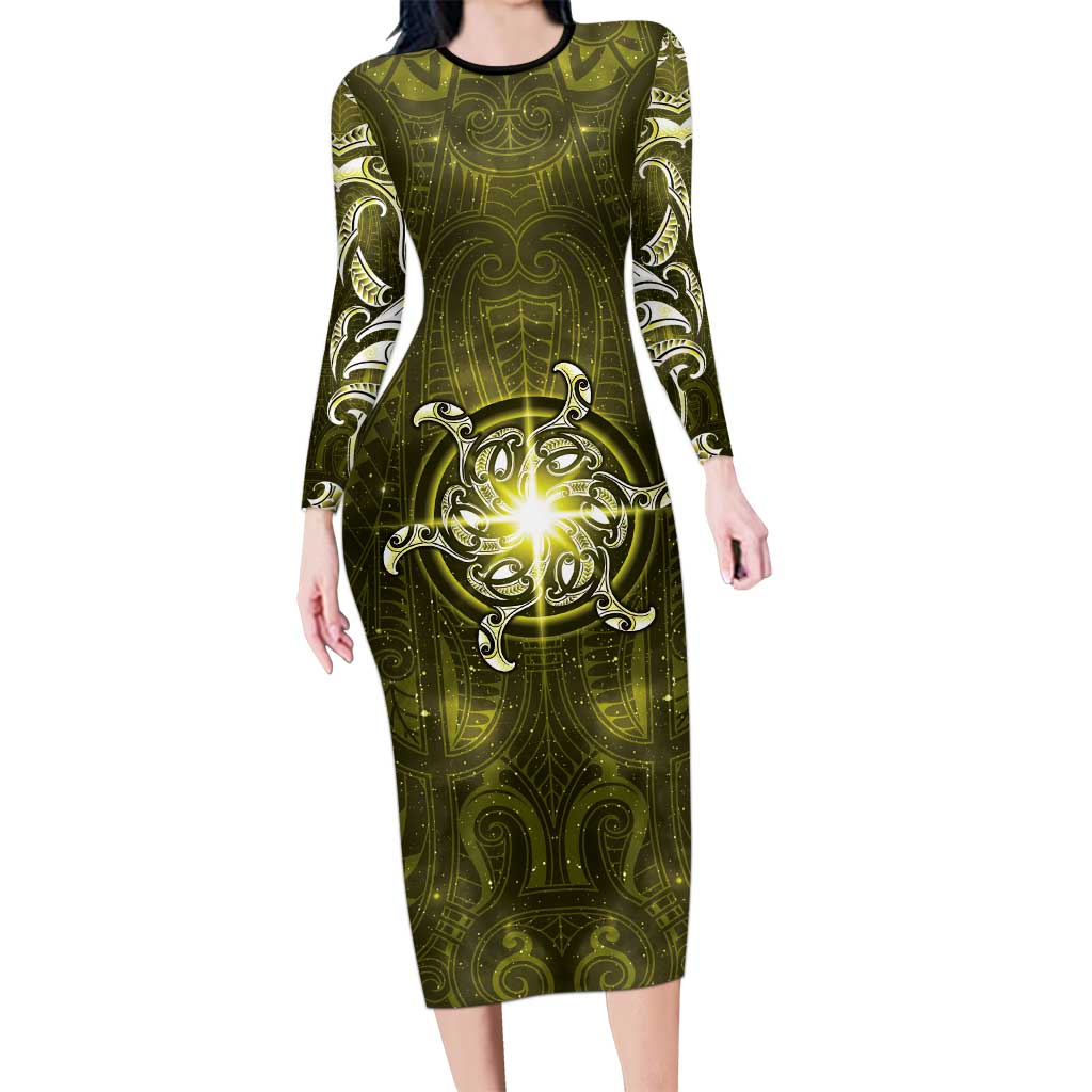 New Zealand Matariki Hiwaiterangi Long Sleeve Bodycon Dress Maori Moko Yellow Galaxy LT05 Long Dress Yellow - Polynesian Pride