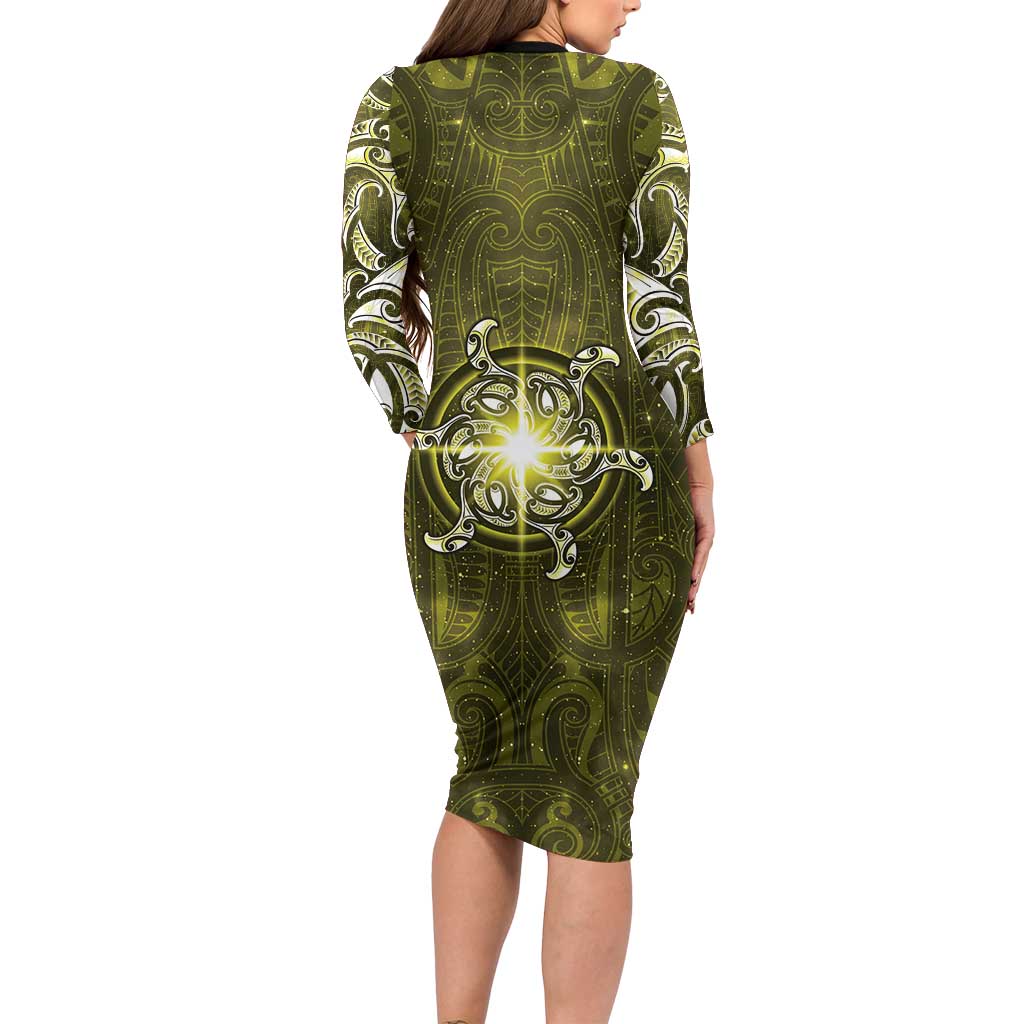 New Zealand Matariki Hiwaiterangi Long Sleeve Bodycon Dress Maori Moko Yellow Galaxy