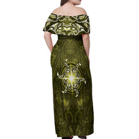 New Zealand Matariki Hiwaiterangi Off Shoulder Maxi Dress Maori Moko Yellow Galaxy