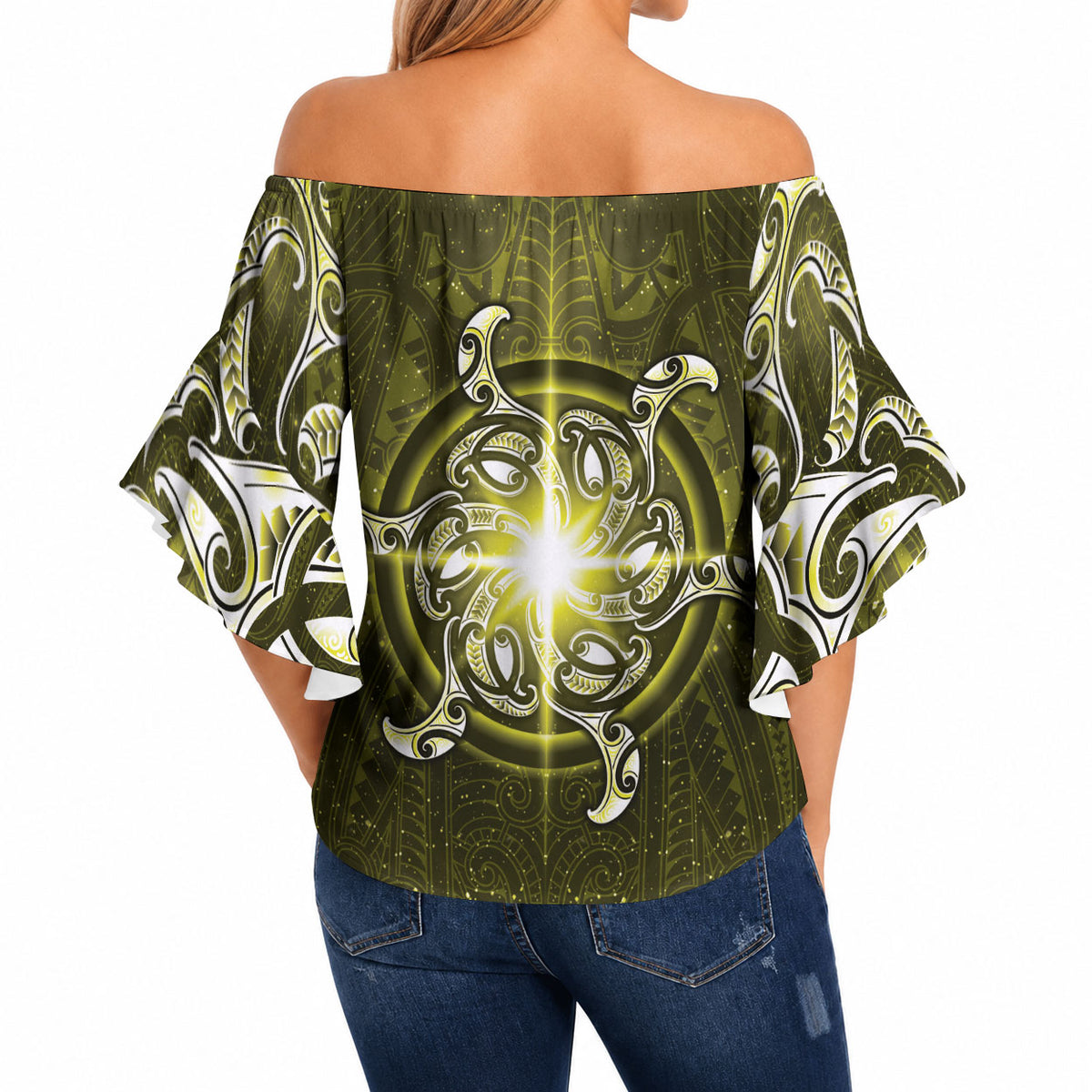 New Zealand Matariki Hiwaiterangi Off Shoulder Wrap Waist Top Maori Moko Yellow Galaxy LT05 - Polynesian Pride