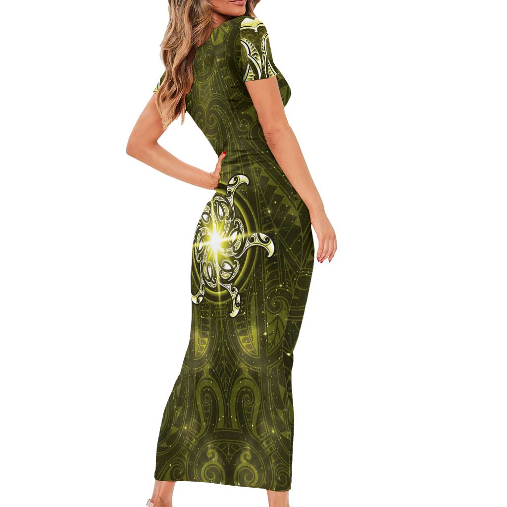 New Zealand Matariki Hiwaiterangi Short Sleeve Bodycon Dress Maori Moko Yellow Galaxy
