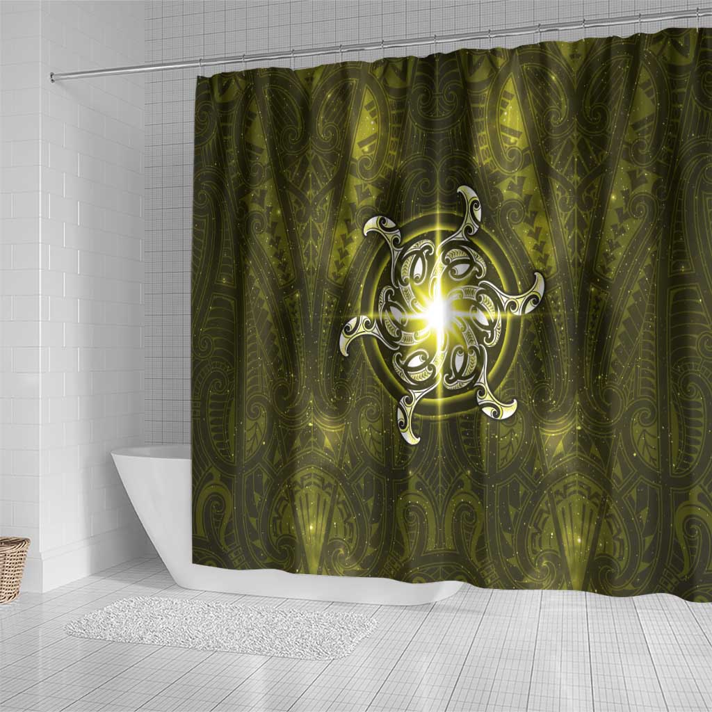 New Zealand Matariki Hiwaiterangi Shower Curtain Maori Moko Yellow Galaxy