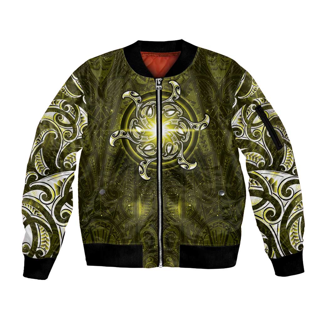 New Zealand Matariki Hiwaiterangi Sleeve Zip Bomber Jacket Maori Moko Yellow Galaxy LT05 Unisex Yellow - Polynesian Pride