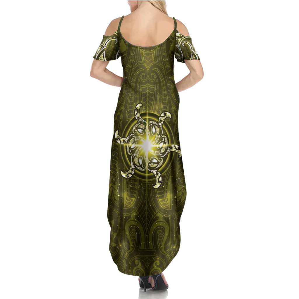 New Zealand Matariki Hiwaiterangi Summer Maxi Dress Maori Moko Yellow Galaxy