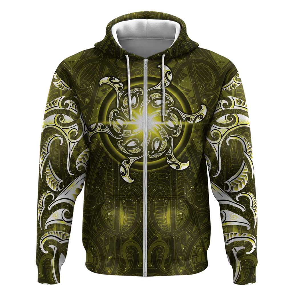 New Zealand Matariki Hiwaiterangi Zip Hoodie Maori Moko Yellow Galaxy